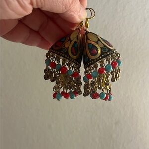 Handcrafted Boho Red & Turquoise Jhumka Earrings - Unbranded